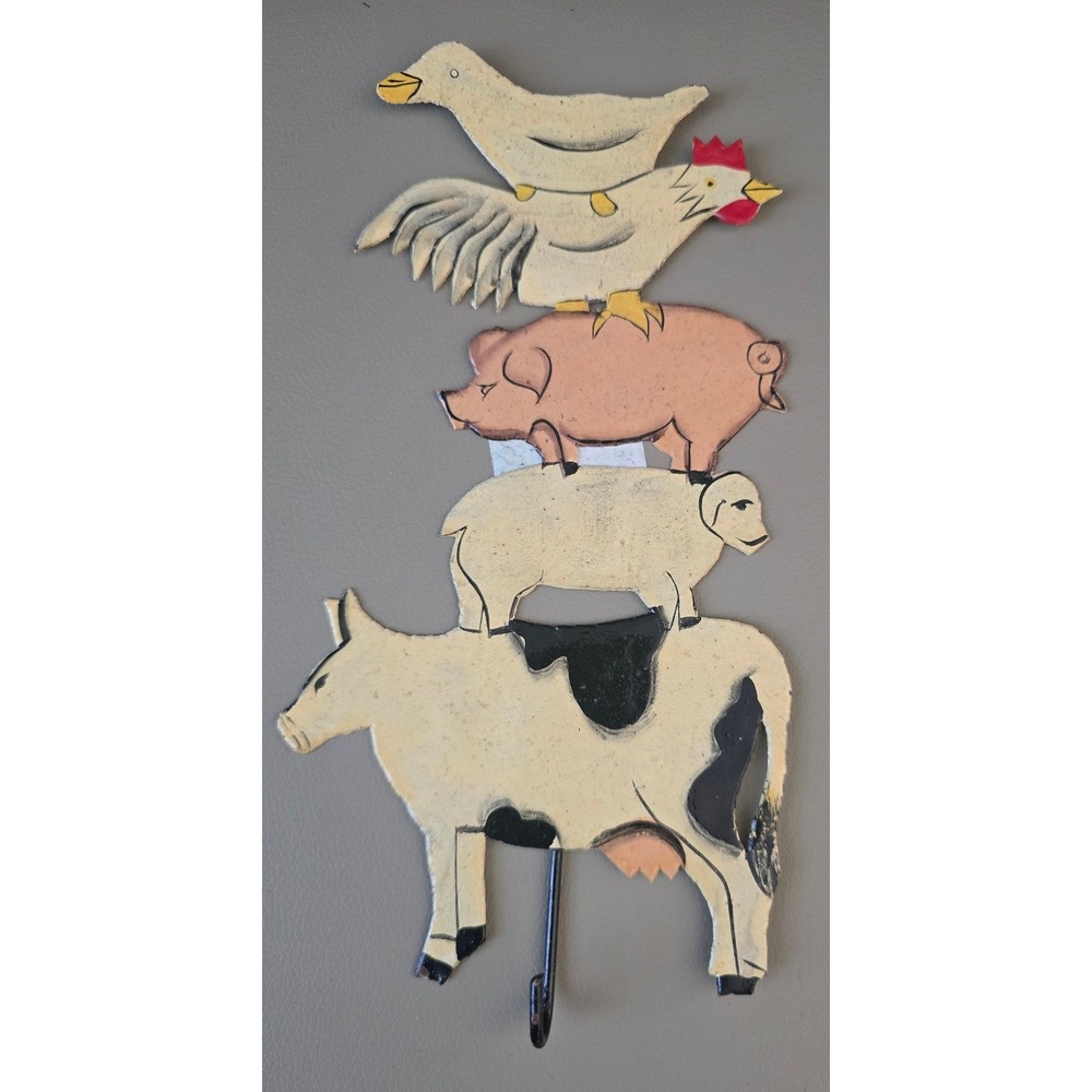 Vintage Farmhouse Metal Stacked Animal Wall Hook Cow Pig Sheep Rooster Duck